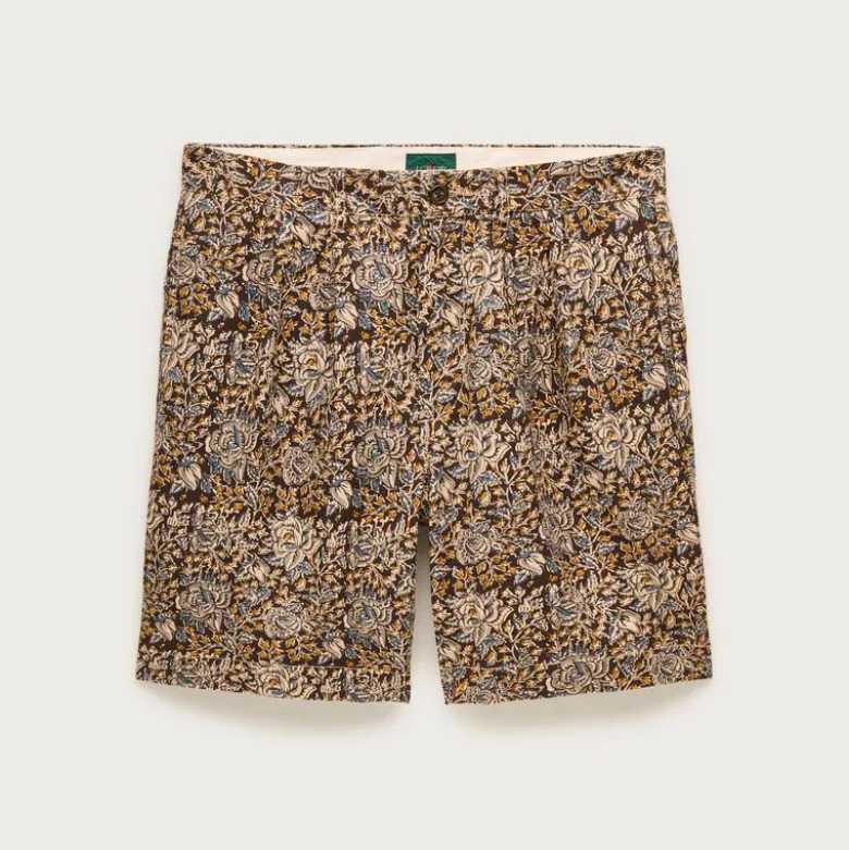 8" pleated cotton-linen blend short in batik print