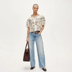 Bell-sleeve button-up shirt in bandana print