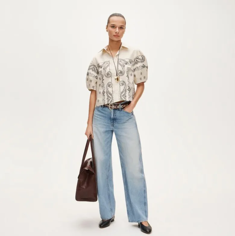 Bell-sleeve button-up shirt in bandana print