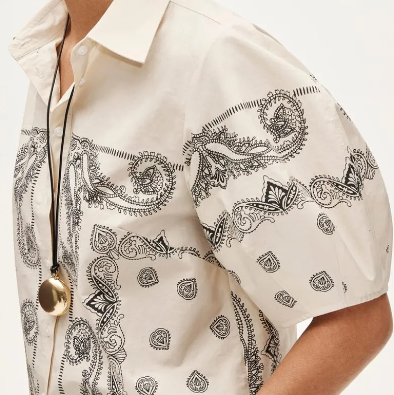 Bell-sleeve button-up shirt in bandana print