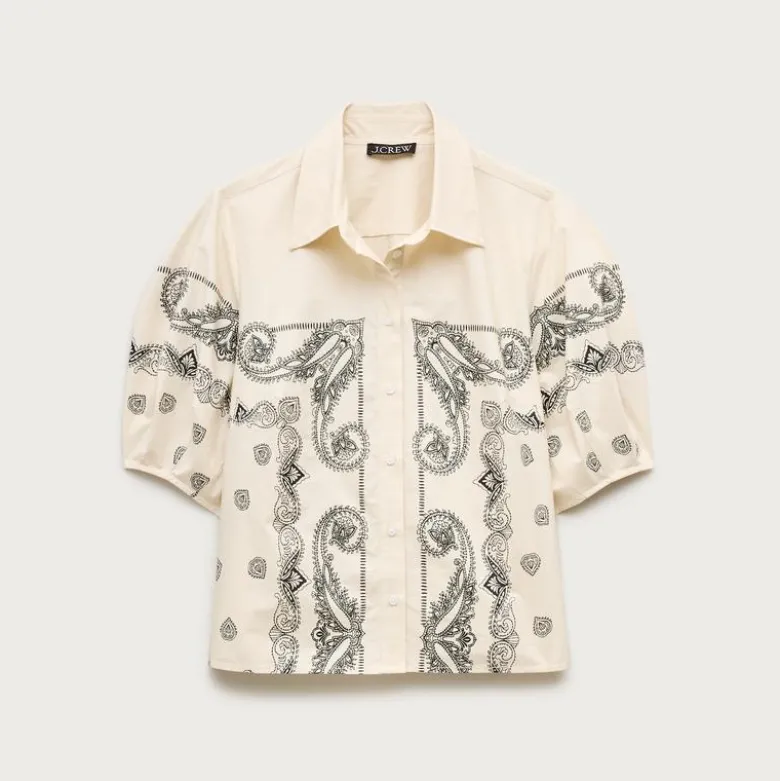 Bell-sleeve button-up shirt in bandana print
