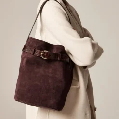 Berkeley belted bucket bag in suede and croc-embossed leather