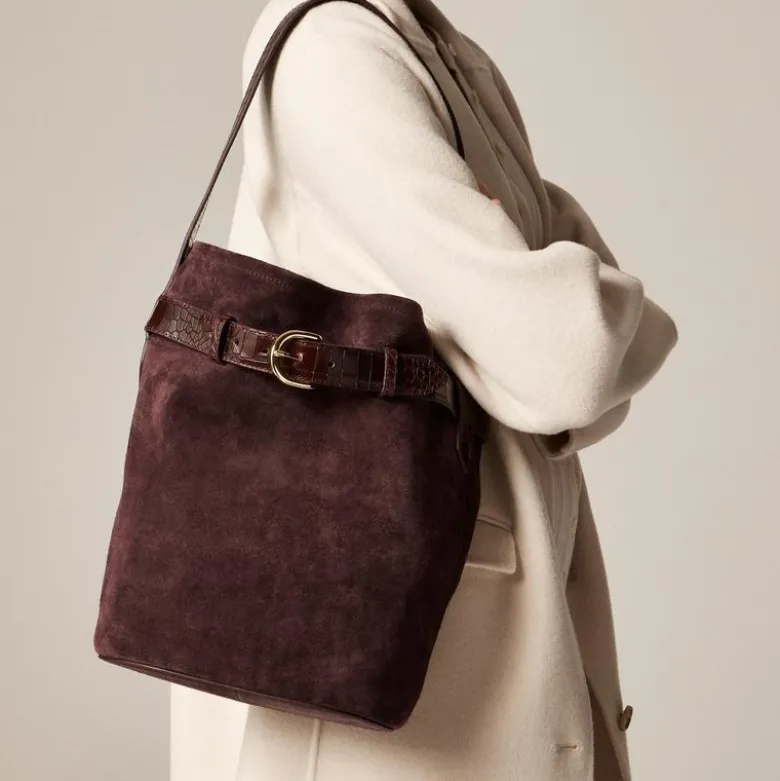 Berkeley belted bucket bag in suede and croc-embossed leather