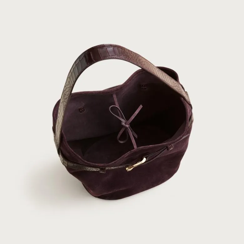 Berkeley belted bucket bag in suede and croc-embossed leather