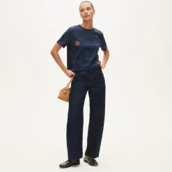 Boyfriend jersey relaxed cropped T-shirt with floral chain stitch