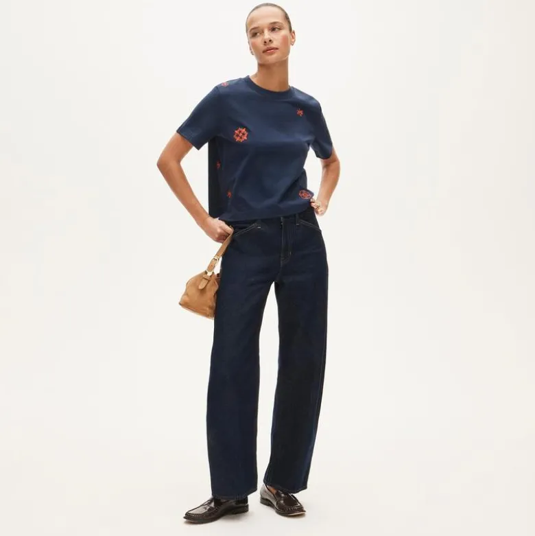 Boyfriend jersey relaxed cropped T-shirt with floral chain stitch