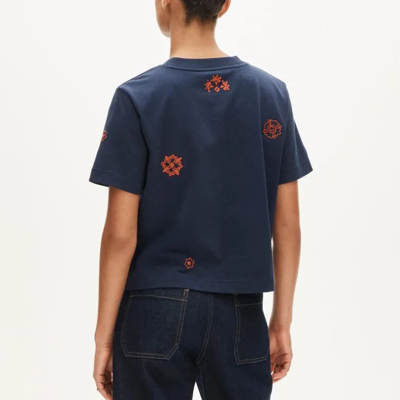 Boyfriend jersey relaxed cropped T-shirt with floral chain stitch