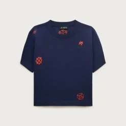Boyfriend jersey relaxed cropped T-shirt with floral chain stitch