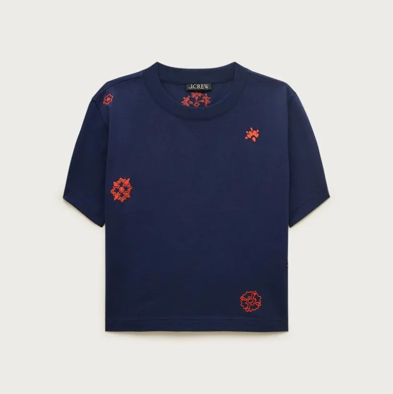 Boyfriend jersey relaxed cropped T-shirt with floral chain stitch