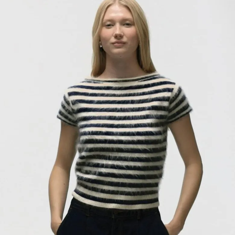 Brushed cashmere boatneck T-shirt in stripe