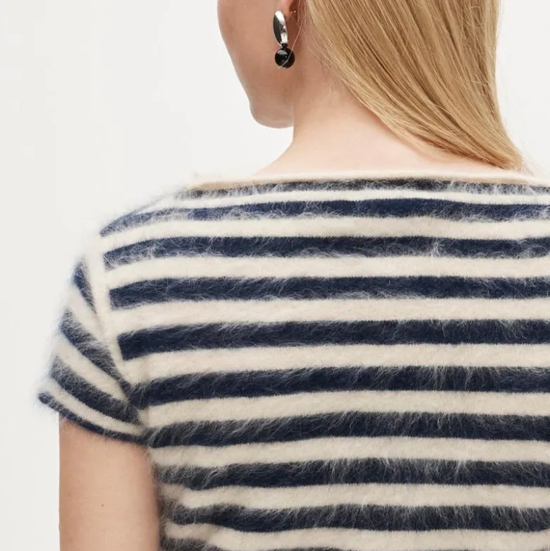 Brushed cashmere boatneck T-shirt in stripe