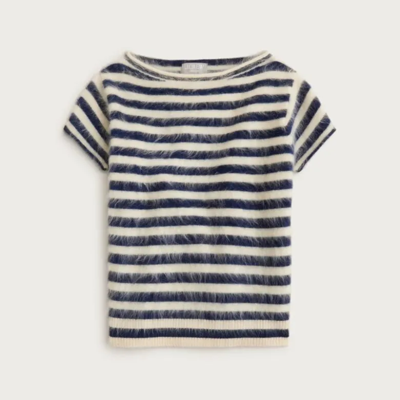 Brushed cashmere boatneck T-shirt in stripe