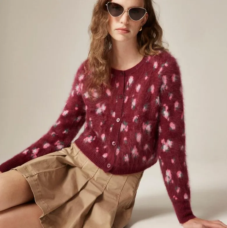 Brushed cashmere cropped cardigan in blurry floral