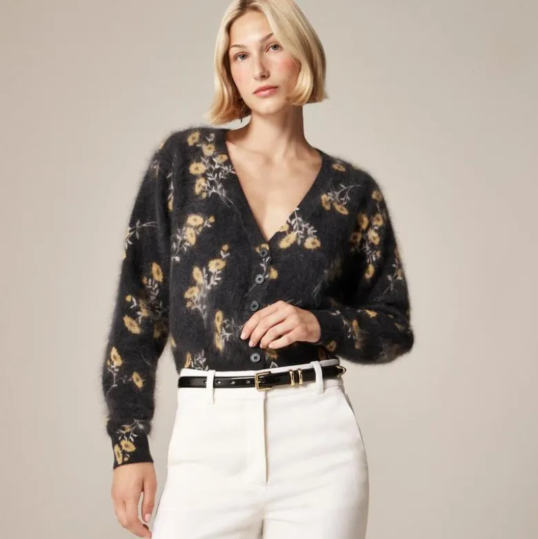 Brushed cashmere party cardigan in marigold print