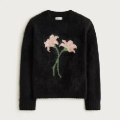 Brushed cashmere relaxed crewneck sweater with floral intarsia
