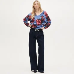 Brushed cashmere relaxed V-neck sweater in floral print