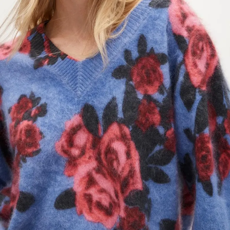 Brushed cashmere relaxed V-neck sweater in floral print