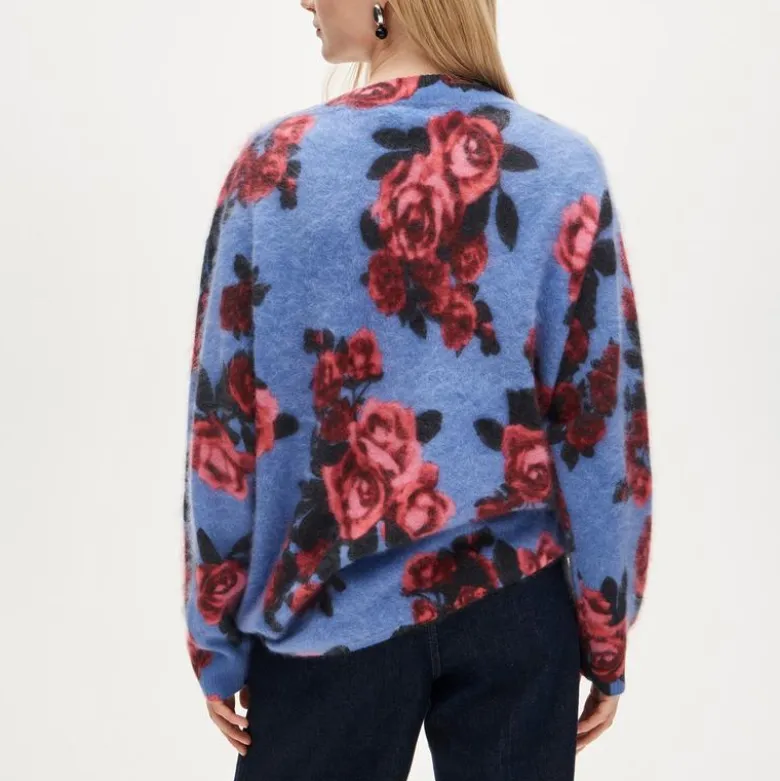 Brushed cashmere relaxed V-neck sweater in floral print