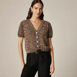 Brushed cashmere short-sleeve cardigan in leopard print
