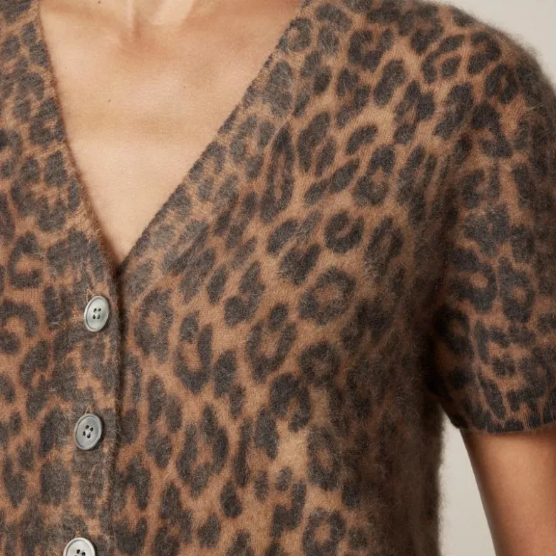 Brushed cashmere short-sleeve cardigan in leopard print