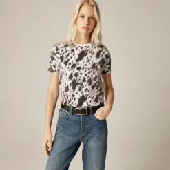 Brushed cashmere T-shirt in cow print