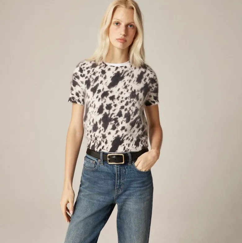 Brushed cashmere T-shirt in cow print