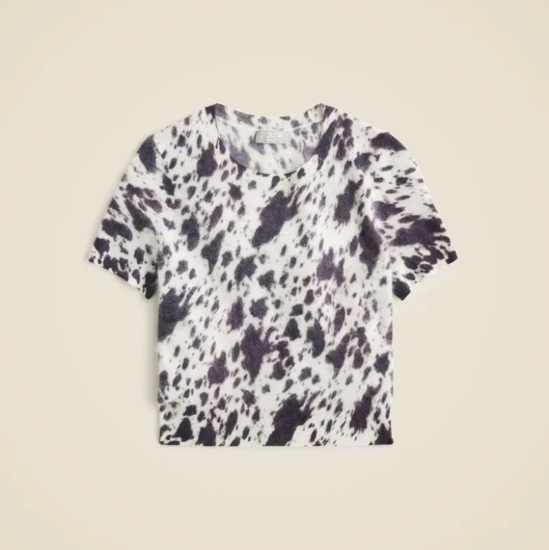 Brushed cashmere T-shirt in cow print