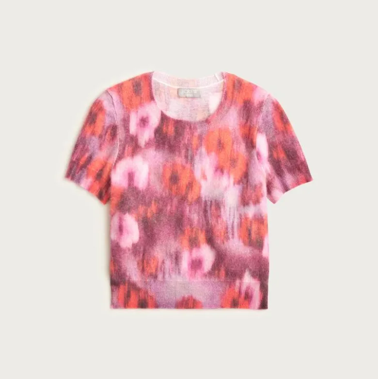 Brushed cashmere T-shirt in watercolor floral print