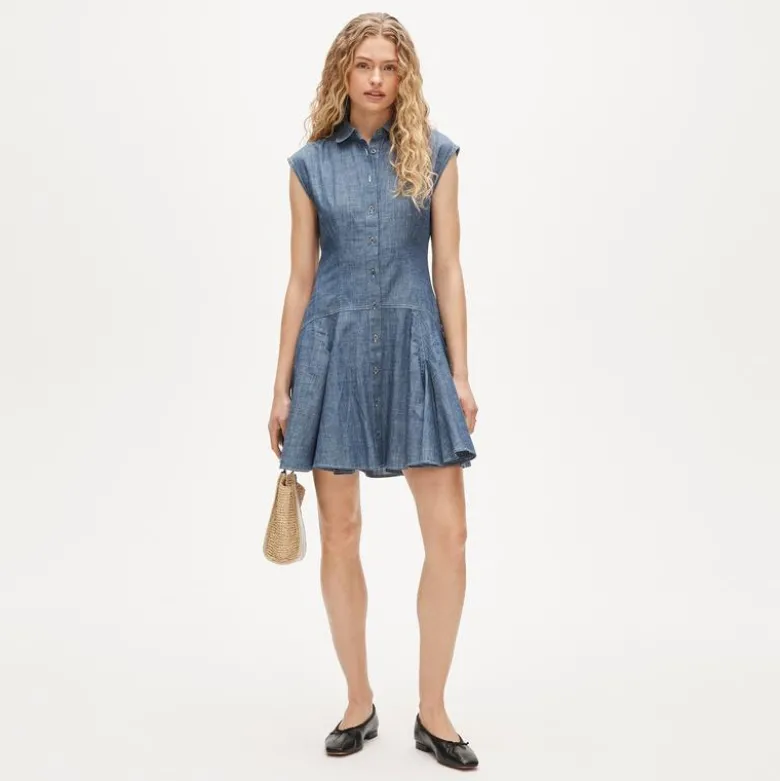 Button-front mini dress in chambray