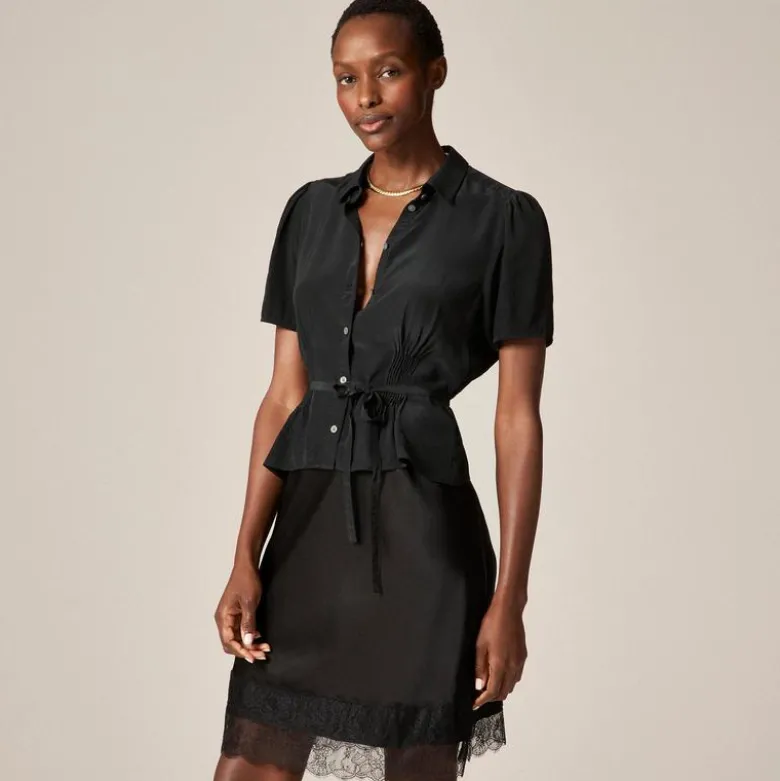 Button-up tie-waist shirt in crepe de chine