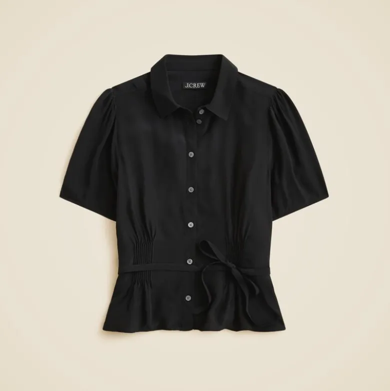 Button-up tie-waist shirt in crepe de chine