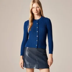 Cable-knit crewneck cardigan in merino wool