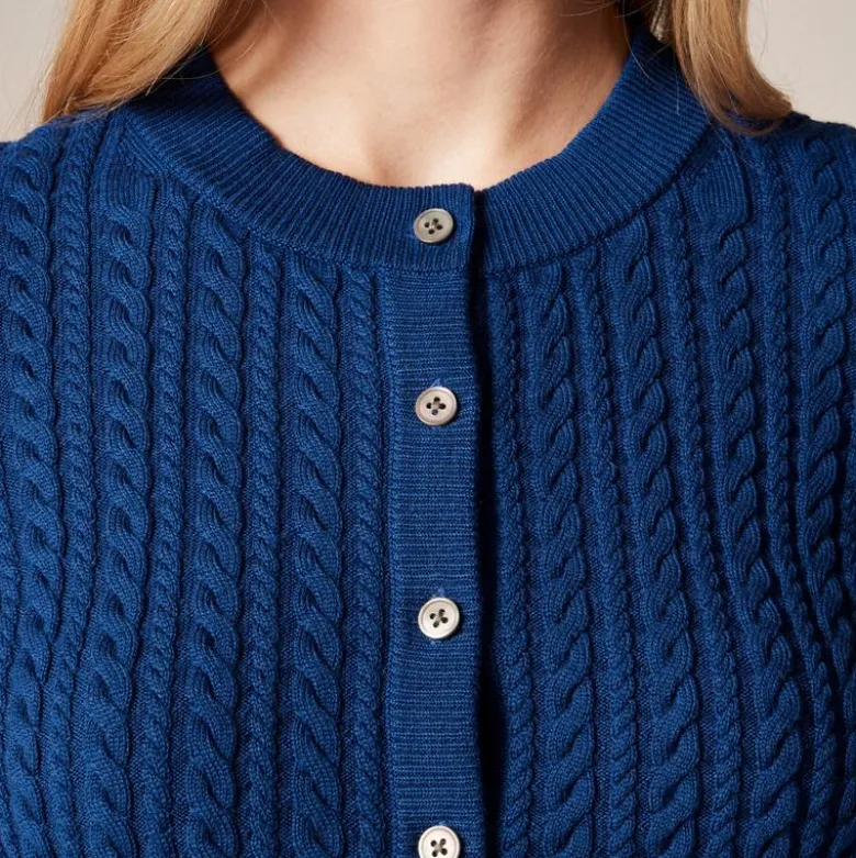 Cable-knit crewneck cardigan in merino wool
