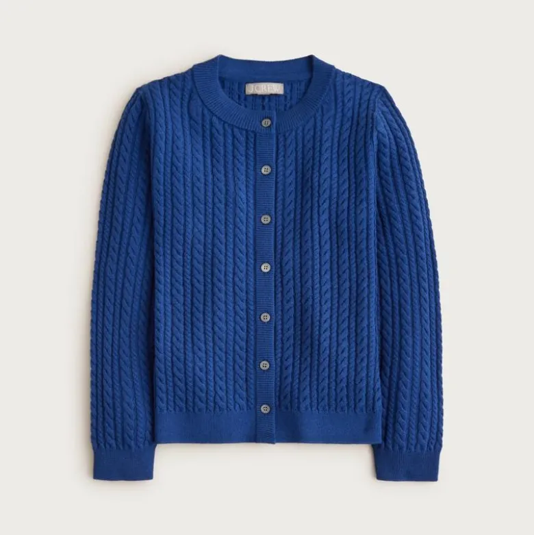 Cable-knit crewneck cardigan in merino wool