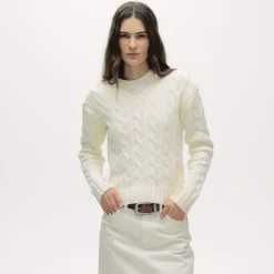 Cable-knit high V-neck sweater in heritage cotton