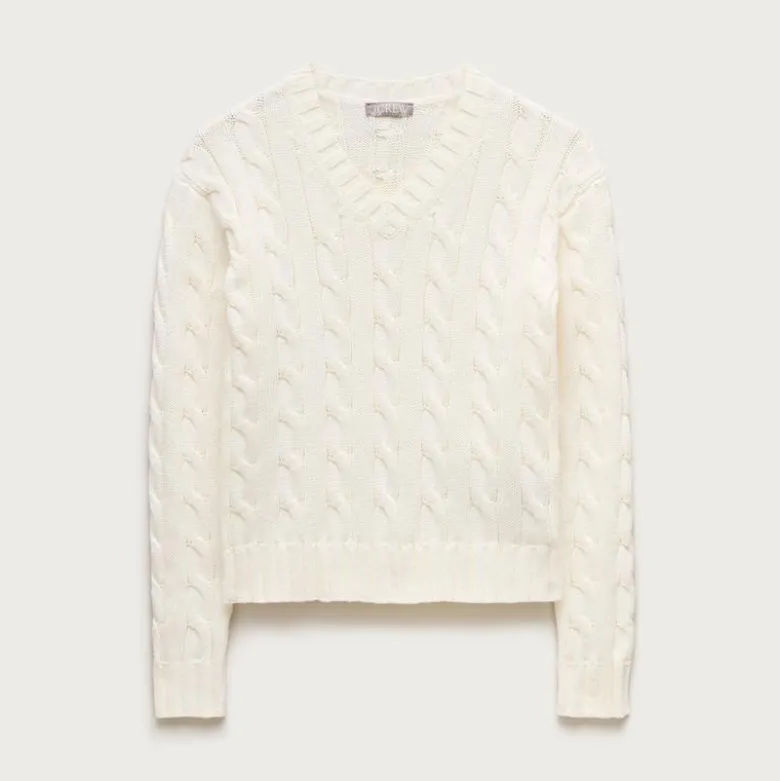 Cable-knit high V-neck sweater in heritage cotton