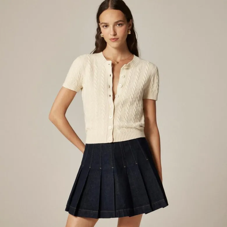 Cable-knit short-sleeve cardigan top