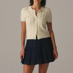 Cable-knit short-sleeve cardigan top