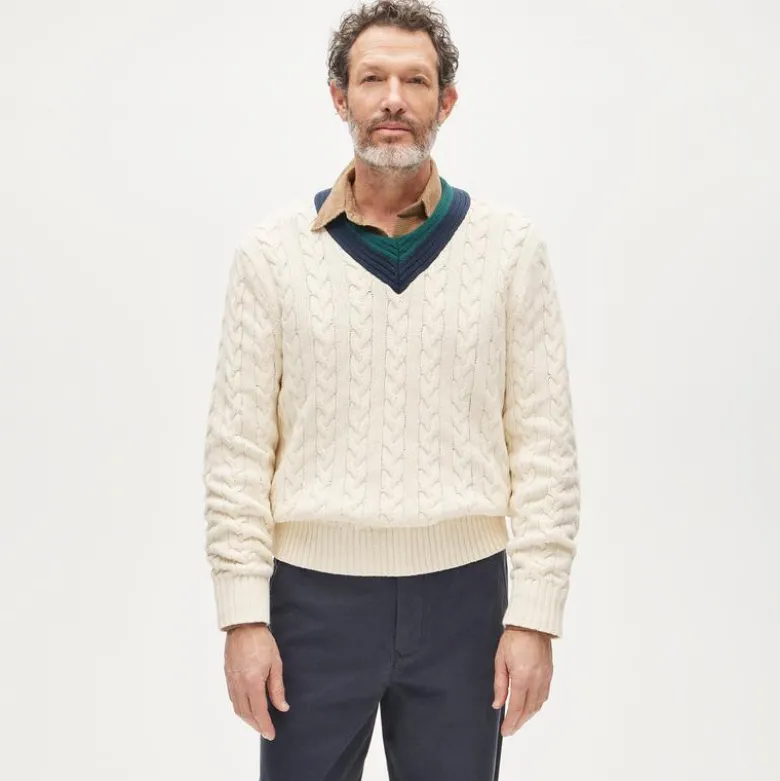Cable-knit V-neck sweater in cotton