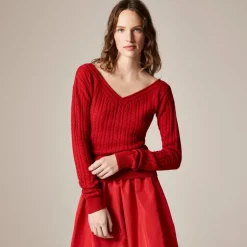 Cable-knit wide V-neck sweater in merino wool