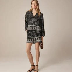 Camp-collar button-up shirt in block print