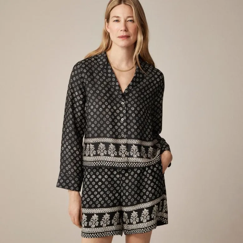 Camp-collar button-up shirt in block print