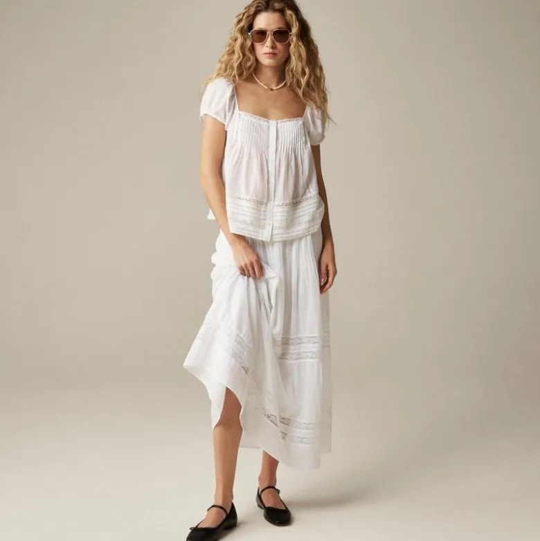 Cap-sleeve lace-trim top in cotton voile