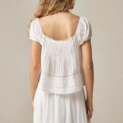 Cap-sleeve lace-trim top in cotton voile