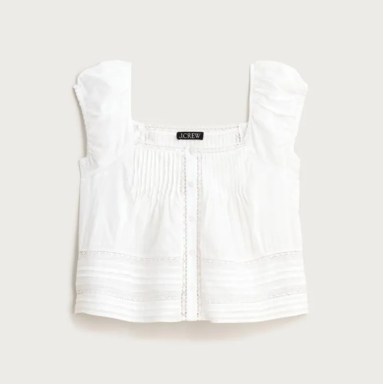 Cap-sleeve lace-trim top in cotton voile