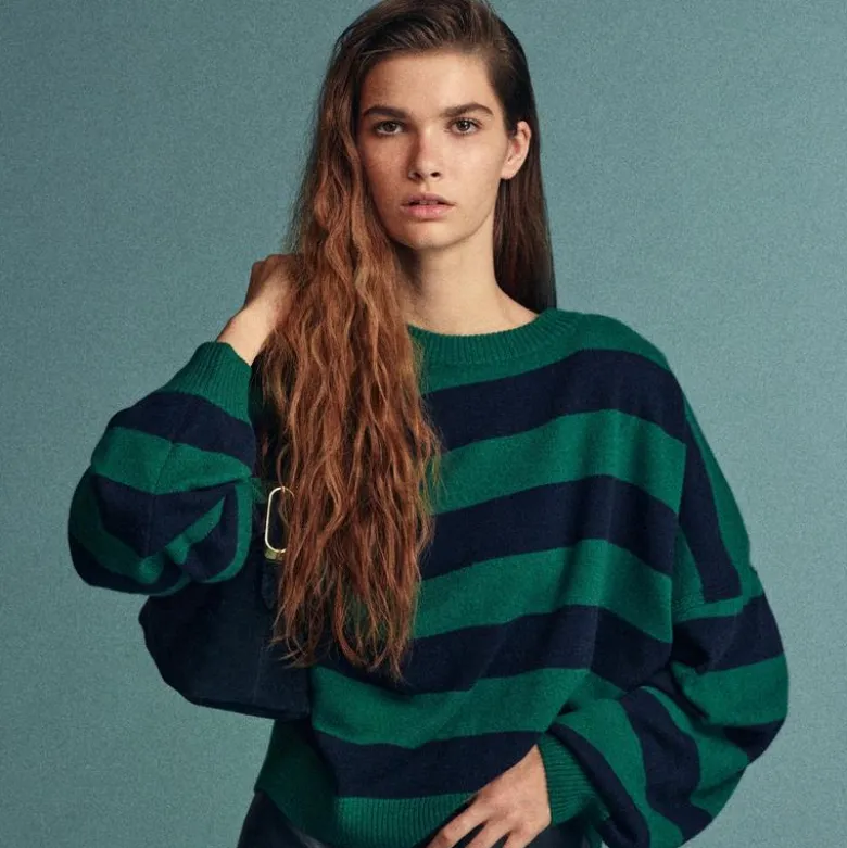 Cashmere blouson-sleeve sweater in stripe