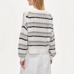 Cashmere cable-knit blouson-sleeve sweater in stripe