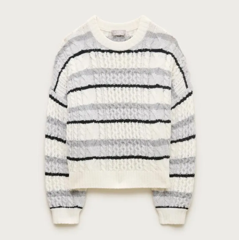 Cashmere cable-knit blouson-sleeve sweater in stripe