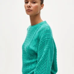 Cashmere cable-knit blouson-sleeve sweater