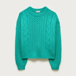 Cashmere cable-knit blouson-sleeve sweater